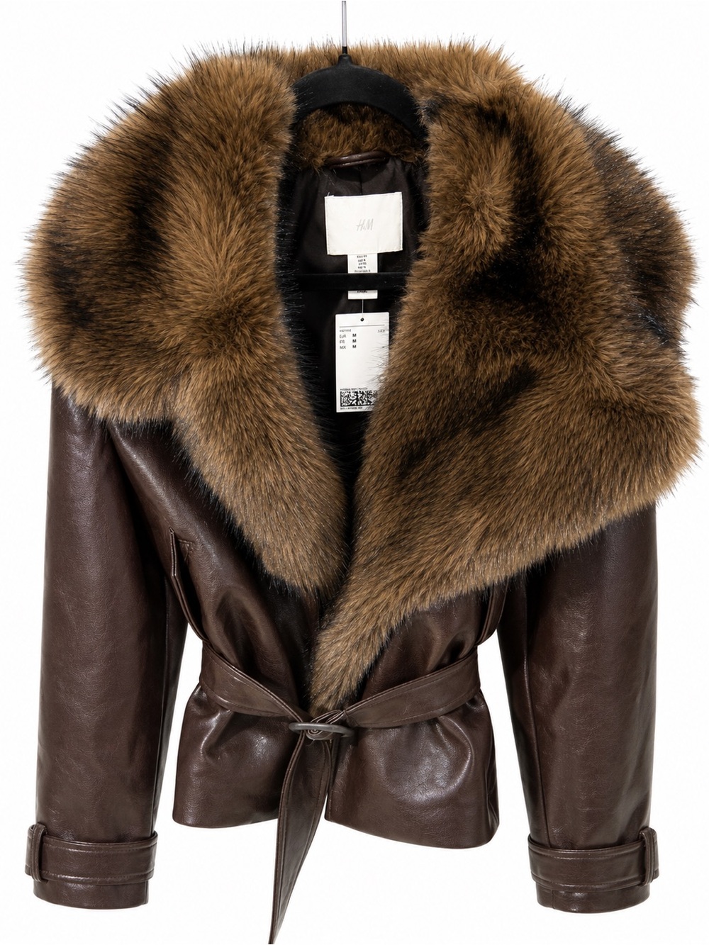 H&M Brown Leather Jacket with Plush Fur Collar